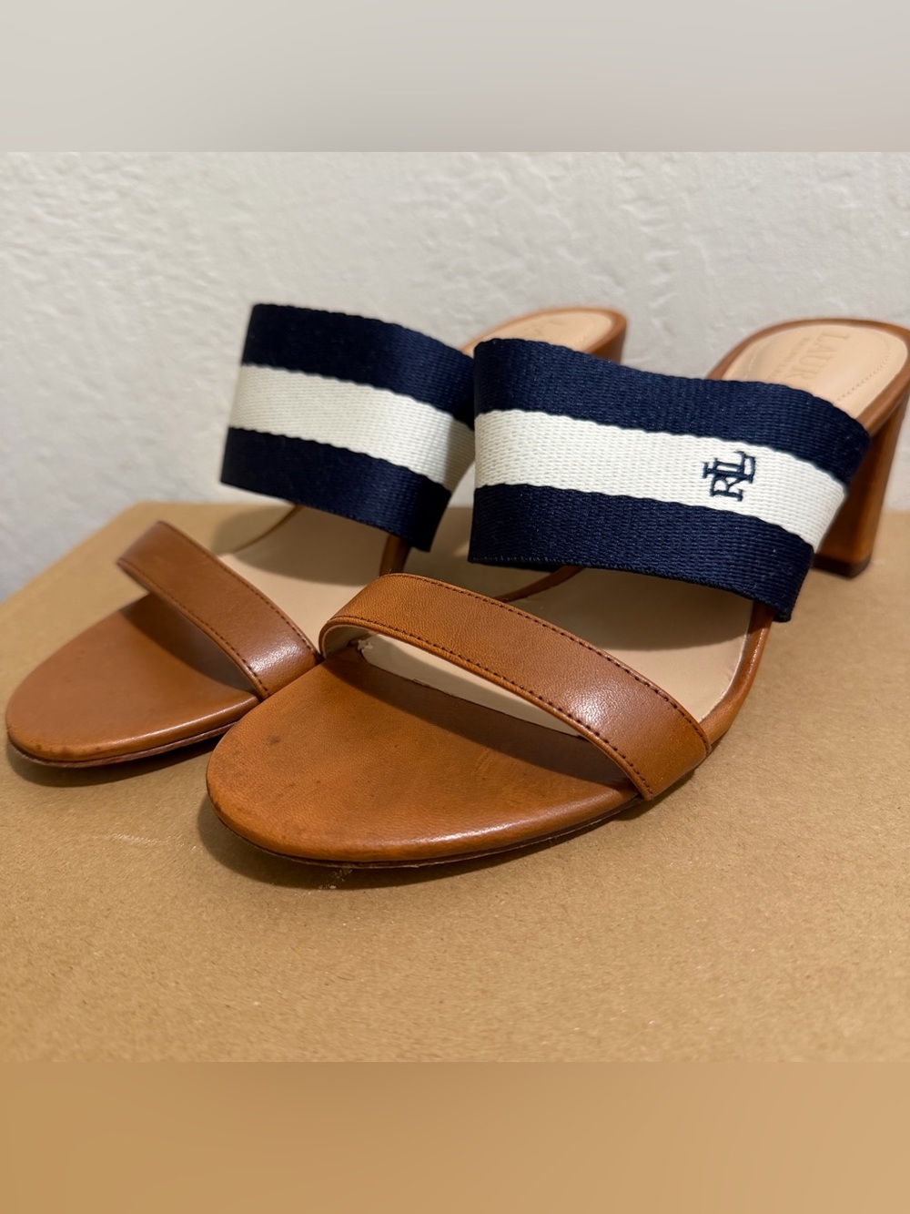 Ralph Lauren Tan Brown Leather Slide Mules Heels Sandals